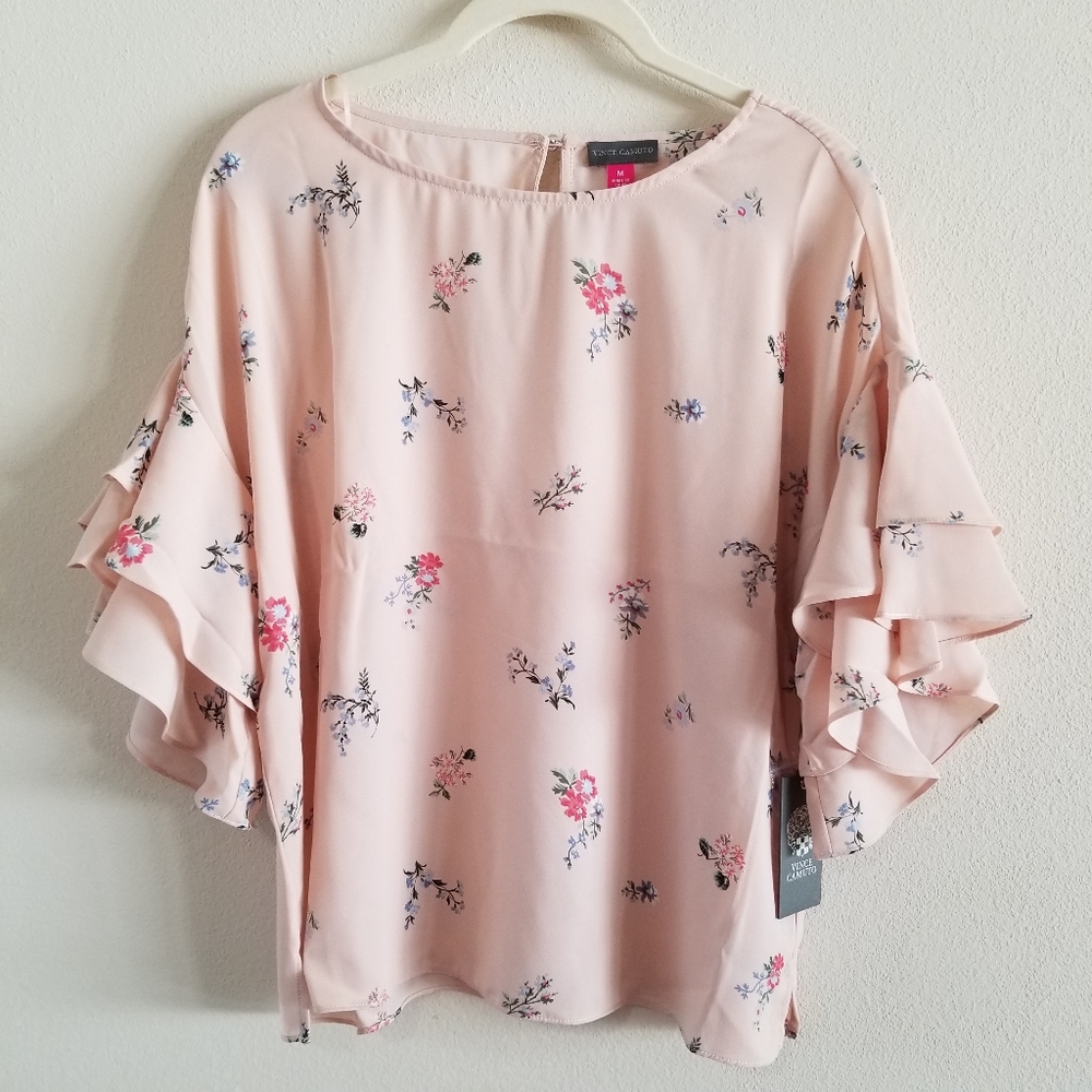 VINCE CAMUTO FLORAL TIERED RUFFLE SLEEVE TOP - Picture 3 of 6